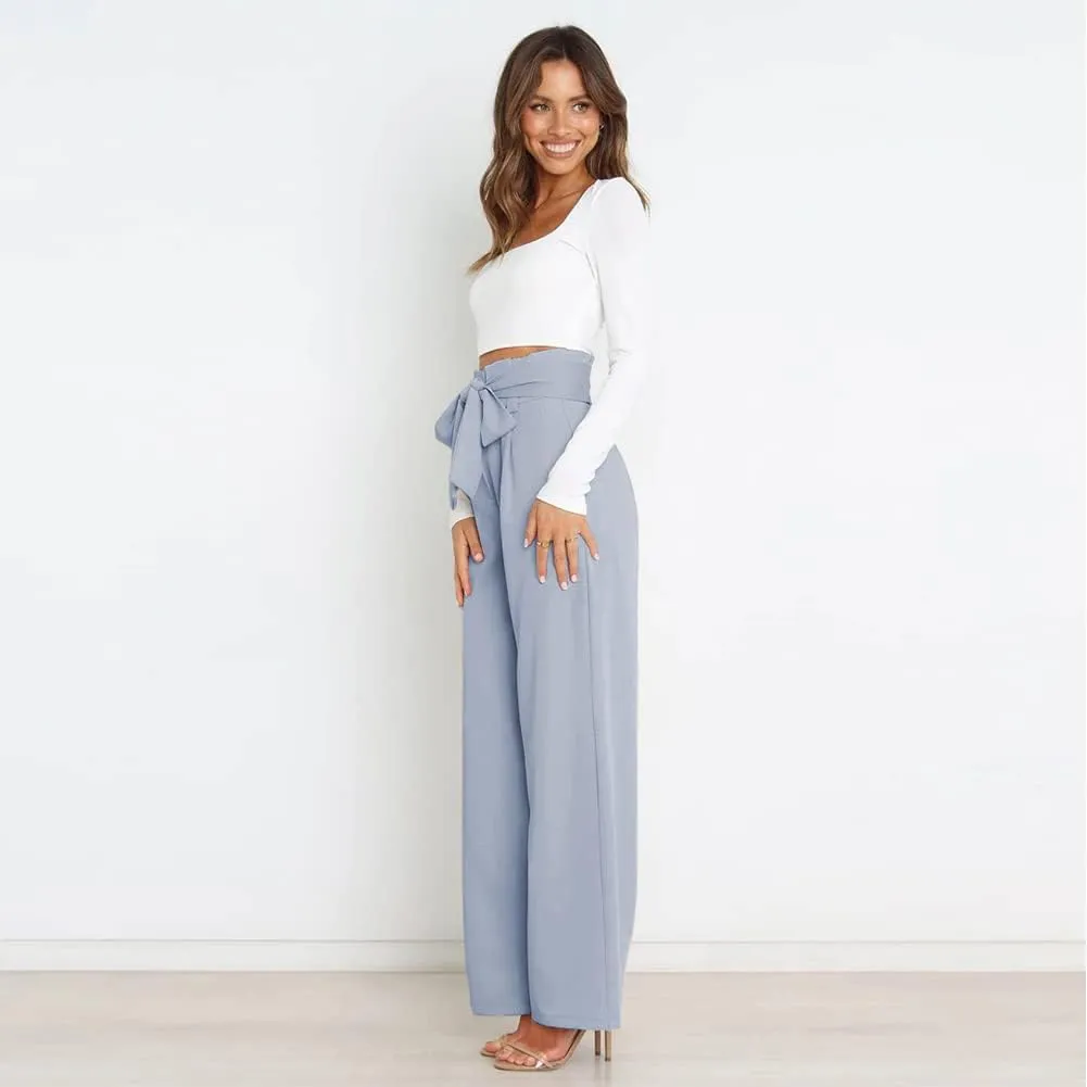 ABAFIP Women's High Waist Wide Leg Pants Business Work Office Casual Flared Palazzo Long Pants Belted Trousers