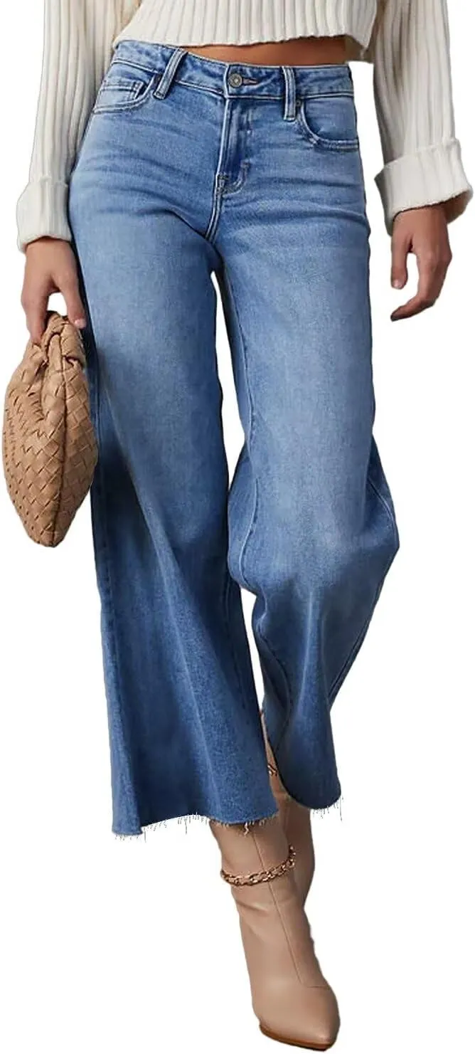 Allimy Women's High Waisted Straight Ankle Wide Leg Ripped Jeans Frayed Hem Stretchy Capri Denim Pants