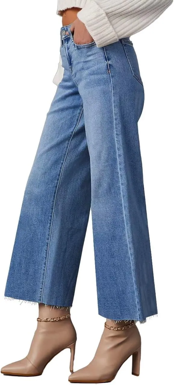 Allimy Women's High Waisted Straight Ankle Wide Leg Ripped Jeans Frayed Hem Stretchy Capri Denim Pants
