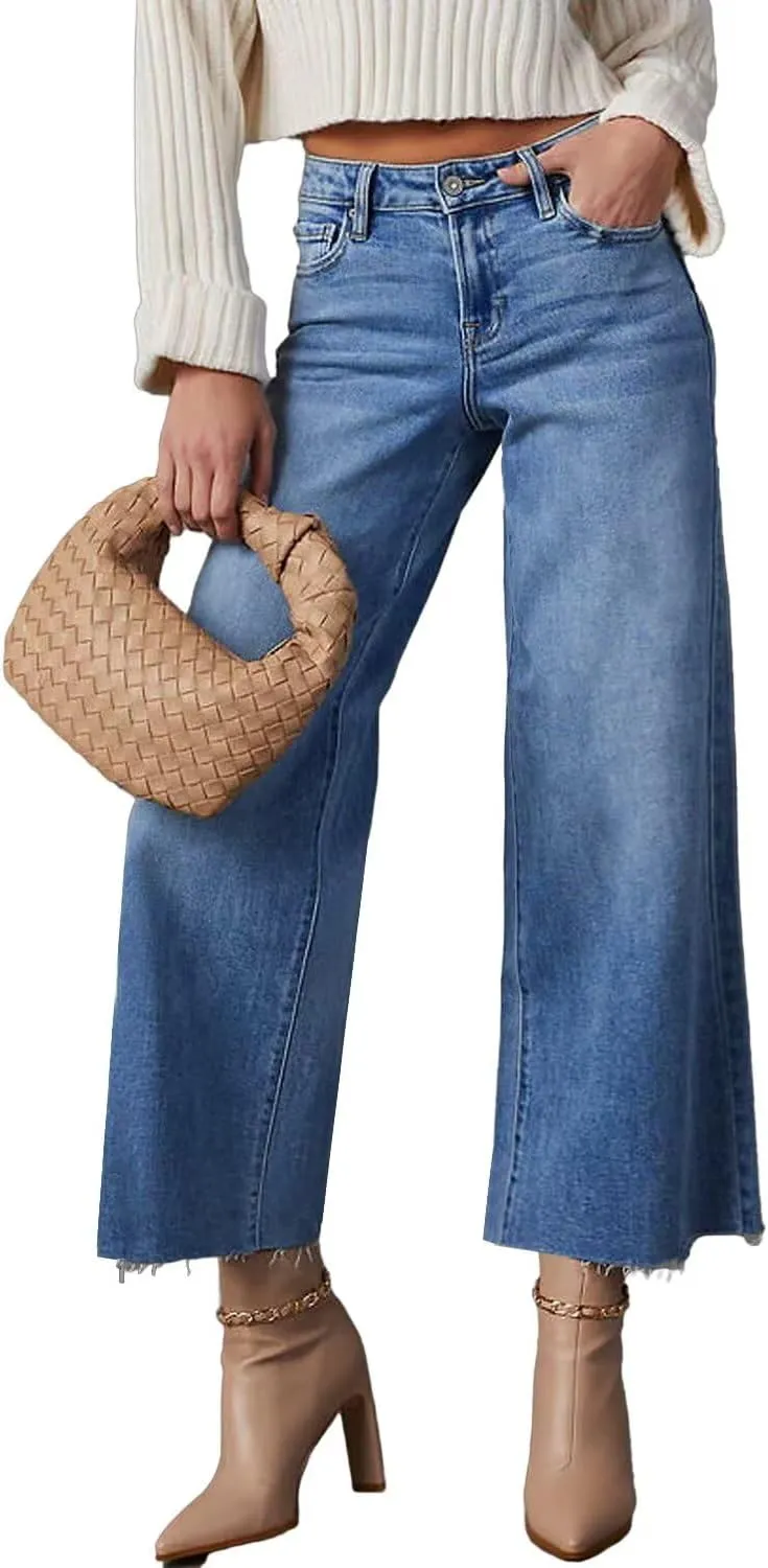 Allimy Women's High Waisted Straight Ankle Wide Leg Ripped Jeans Frayed Hem Stretchy Capri Denim Pants