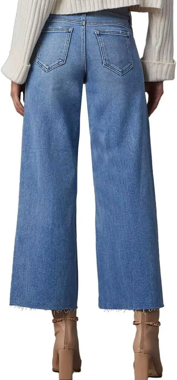Allimy Women's High Waisted Straight Ankle Wide Leg Ripped Jeans Frayed Hem Stretchy Capri Denim Pants