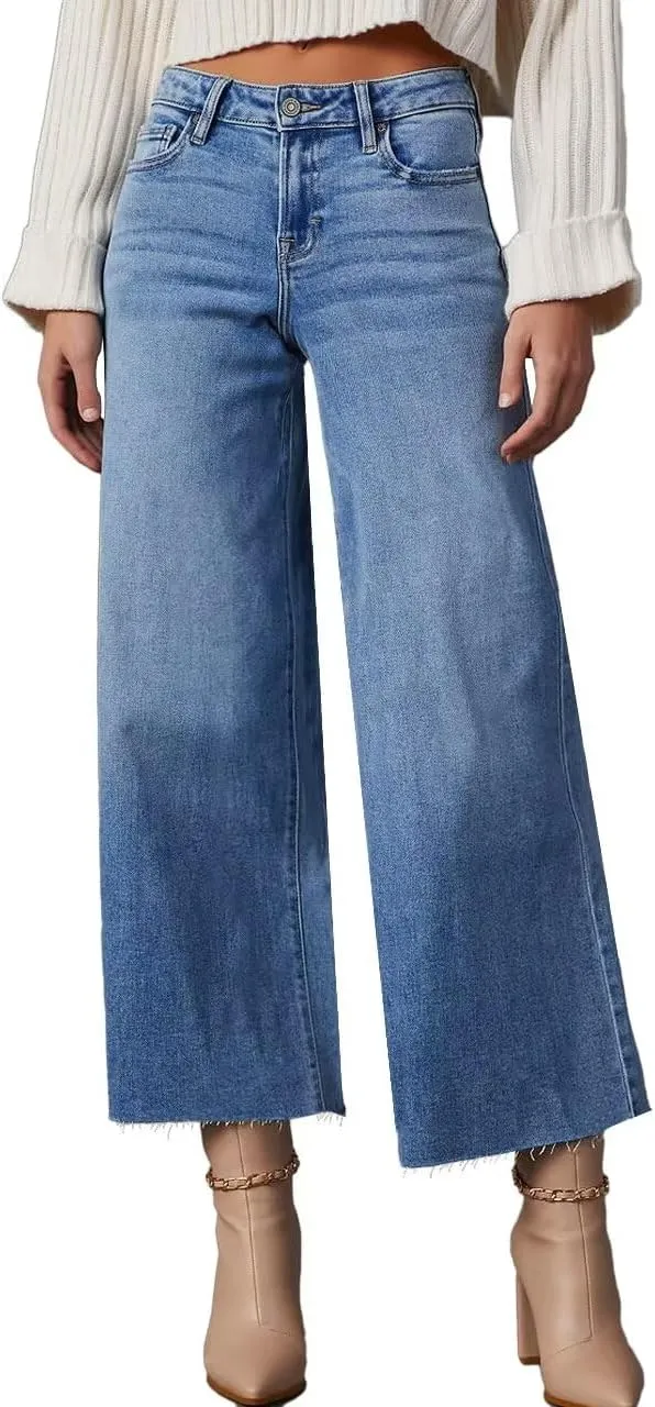Allimy Women's High Waisted Straight Ankle Wide Leg Ripped Jeans Frayed Hem Stretchy Capri Denim Pants