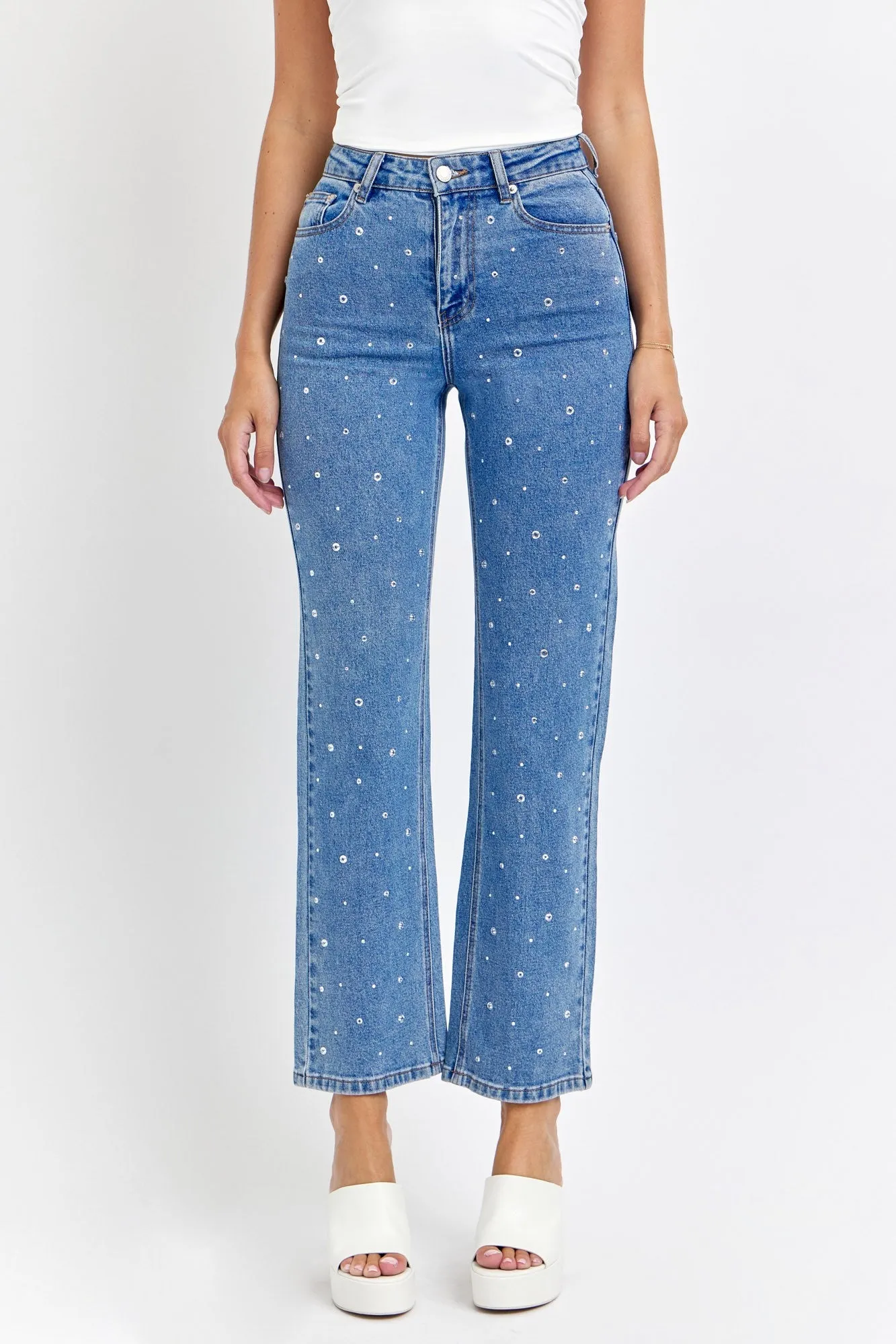 ALLOVER RHINESTONE STRAIGHT LEG JEANS