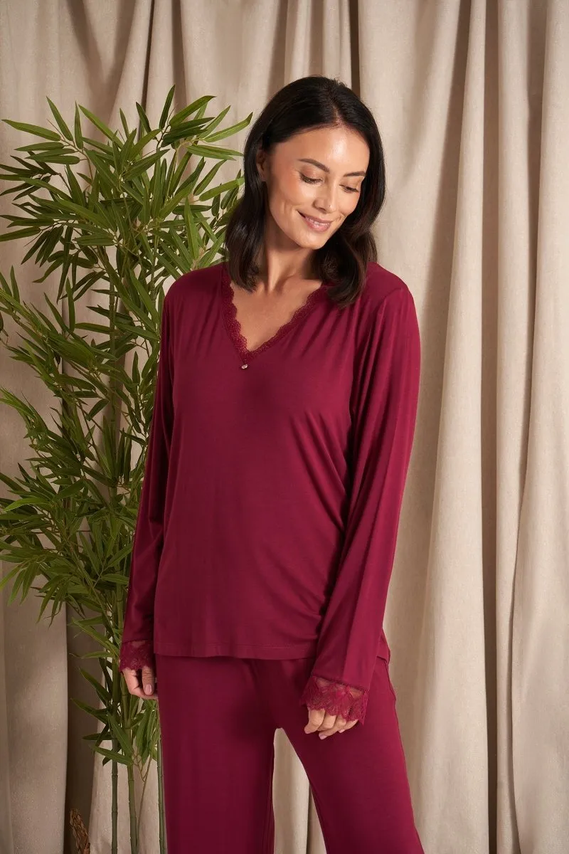 Bamboo Lace V-Neck Pyjama Set in Bordeaux