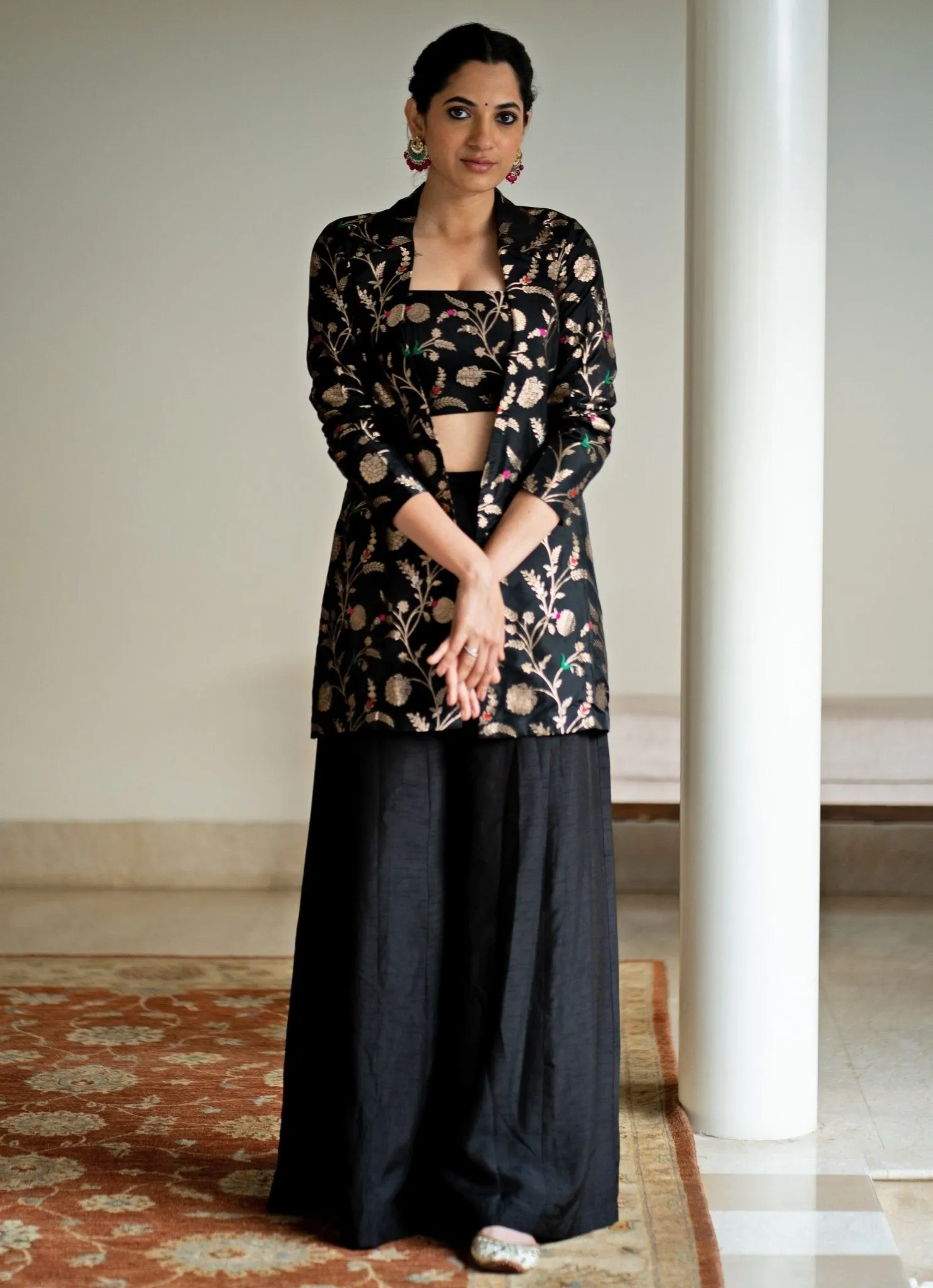 Black Handwoven Floral Brocade Jacket Set
