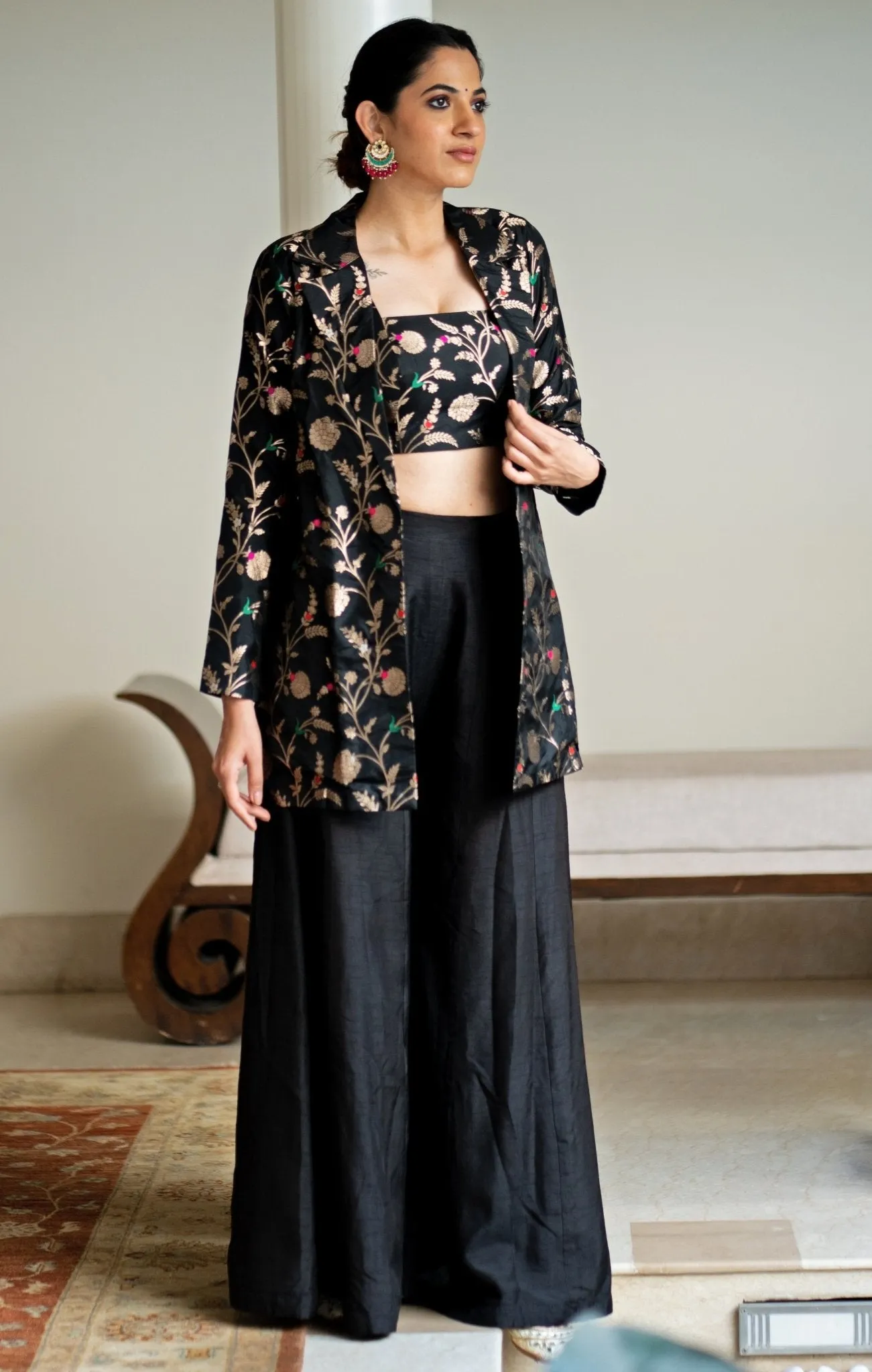 Black Handwoven Floral Brocade Jacket Set