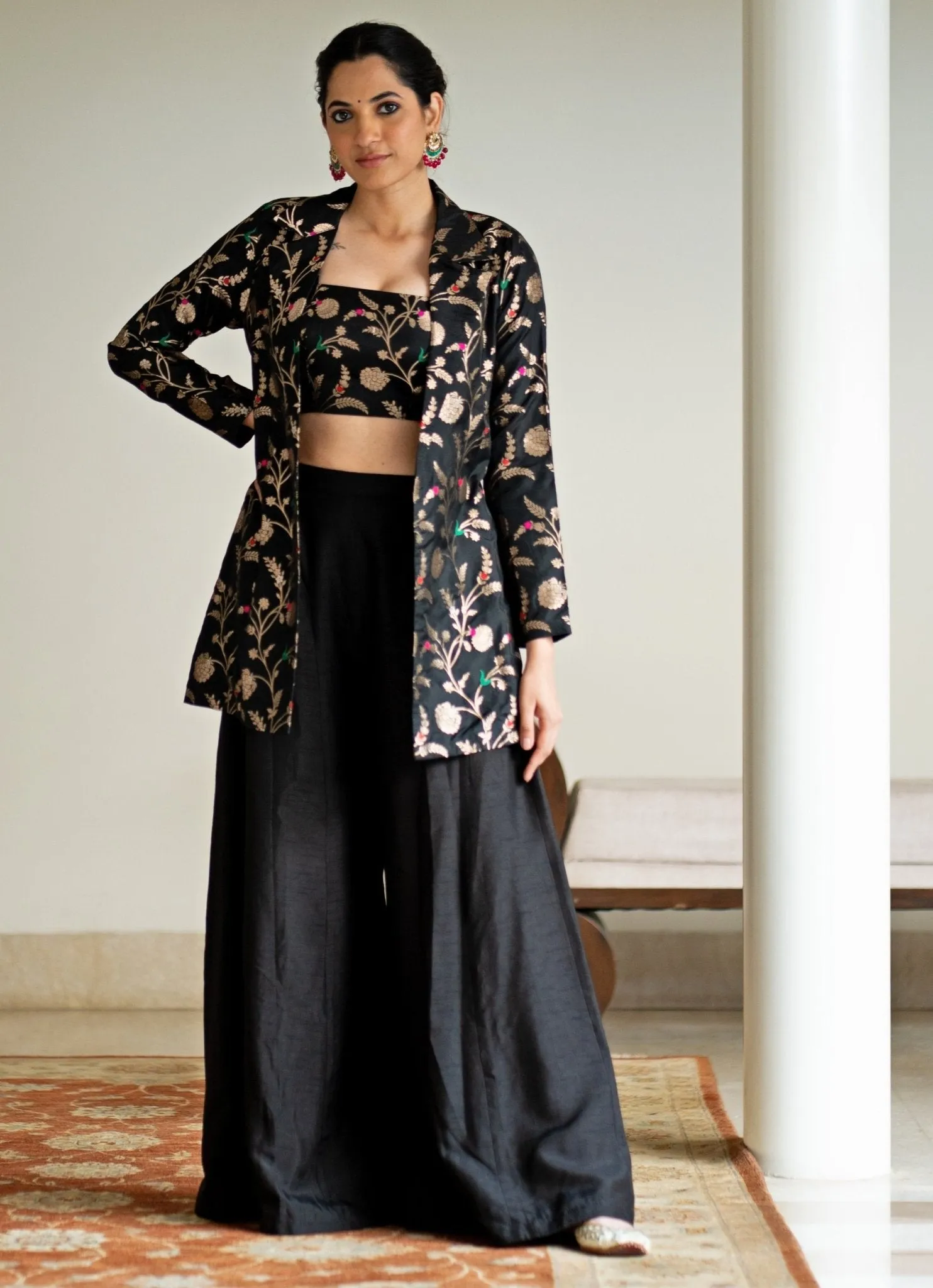 Black Handwoven Floral Brocade Jacket Set