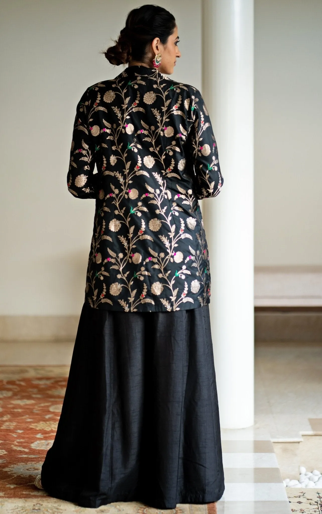 Black Handwoven Floral Brocade Jacket Set
