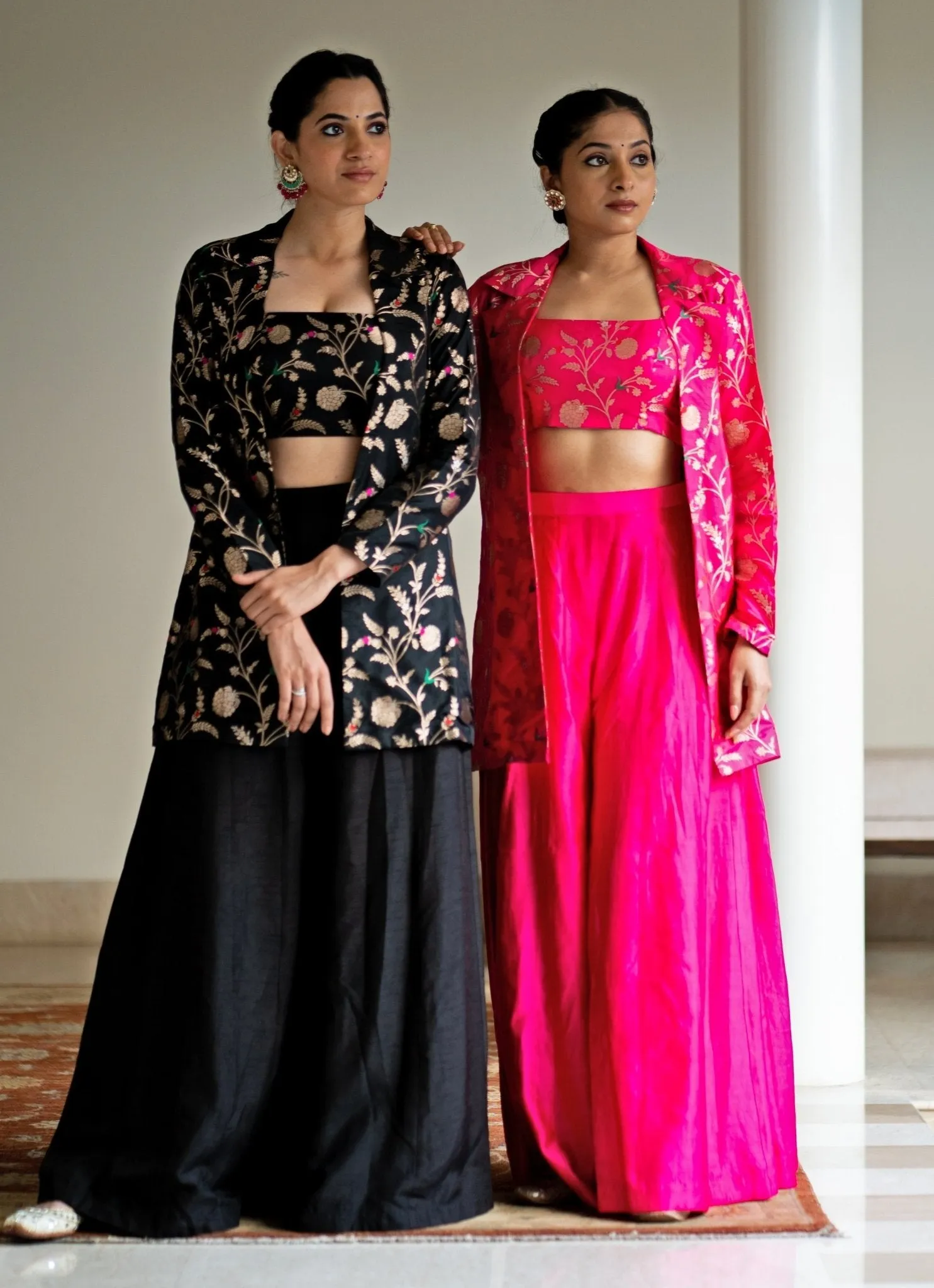 Black Handwoven Floral Brocade Jacket Set