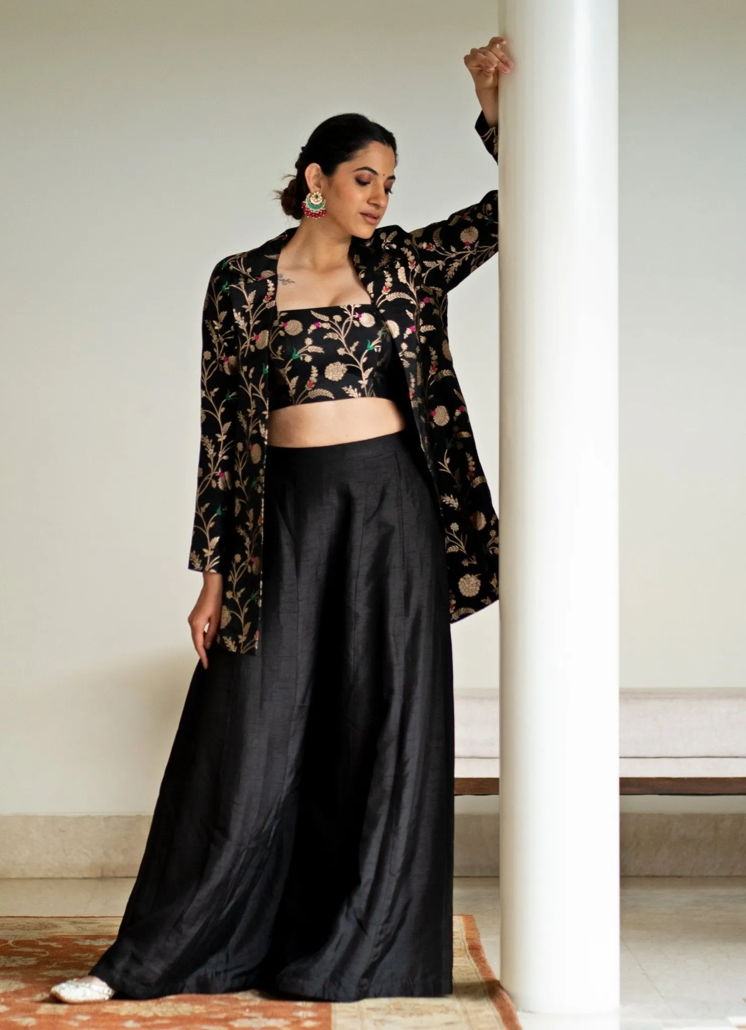 Black Handwoven Floral Brocade Jacket Set
