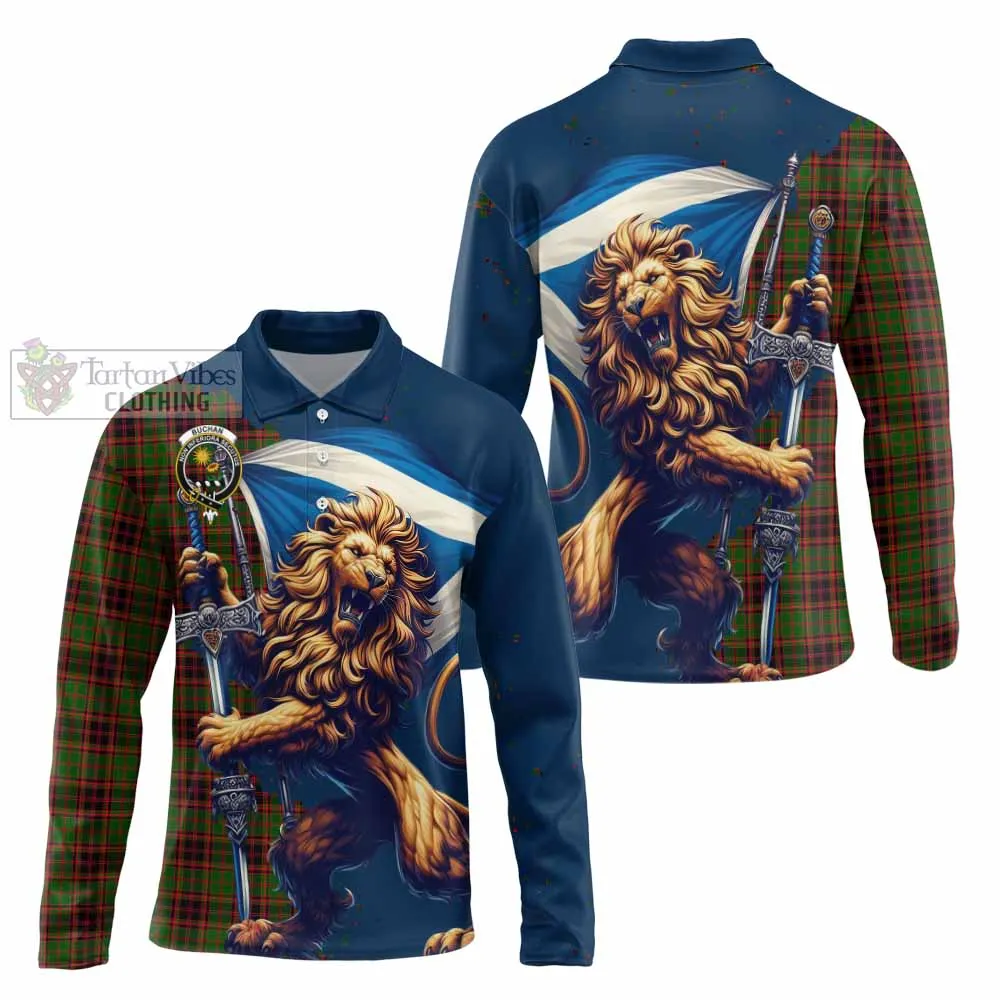 Buchan Tartan Family Crest Long Sleeve Polo Shirt with Scottish Majestic Lion