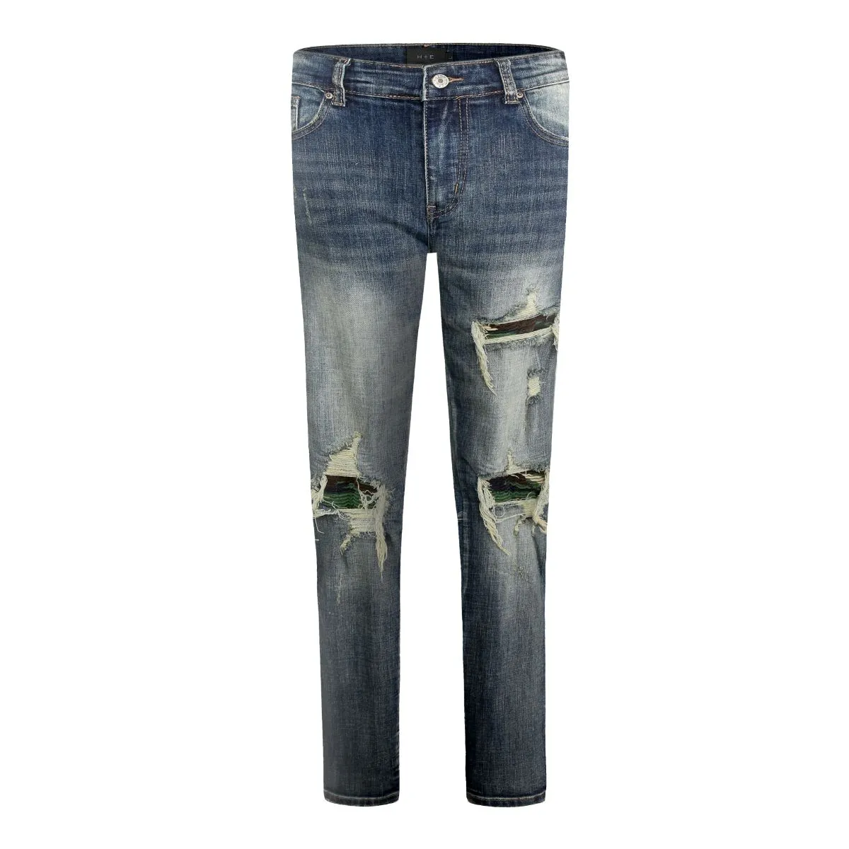 Distressed Dirty Washed Denim w/ Camo Patch Details