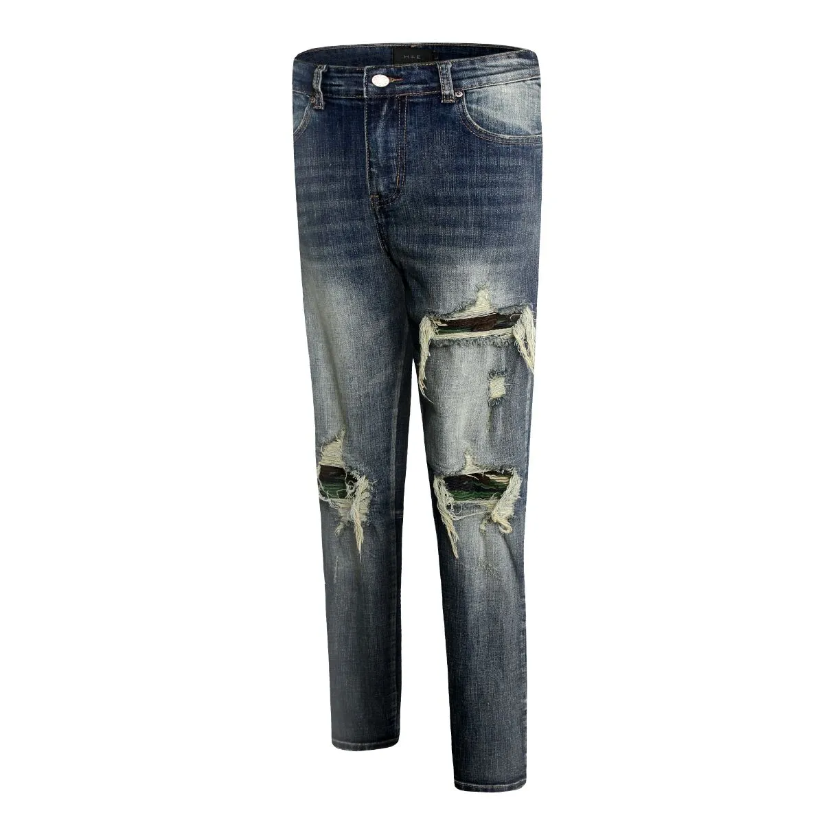 Distressed Dirty Washed Denim w/ Camo Patch Details