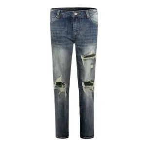 Distressed Dirty Washed Denim w/ Camo Patch Details