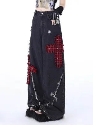 Distressed embroidered straight-leg wide-leg jeans