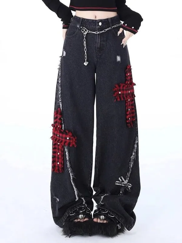 Distressed embroidered straight-leg wide-leg jeans