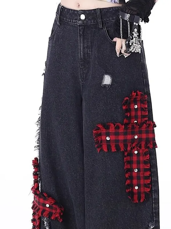 Distressed embroidered straight-leg wide-leg jeans