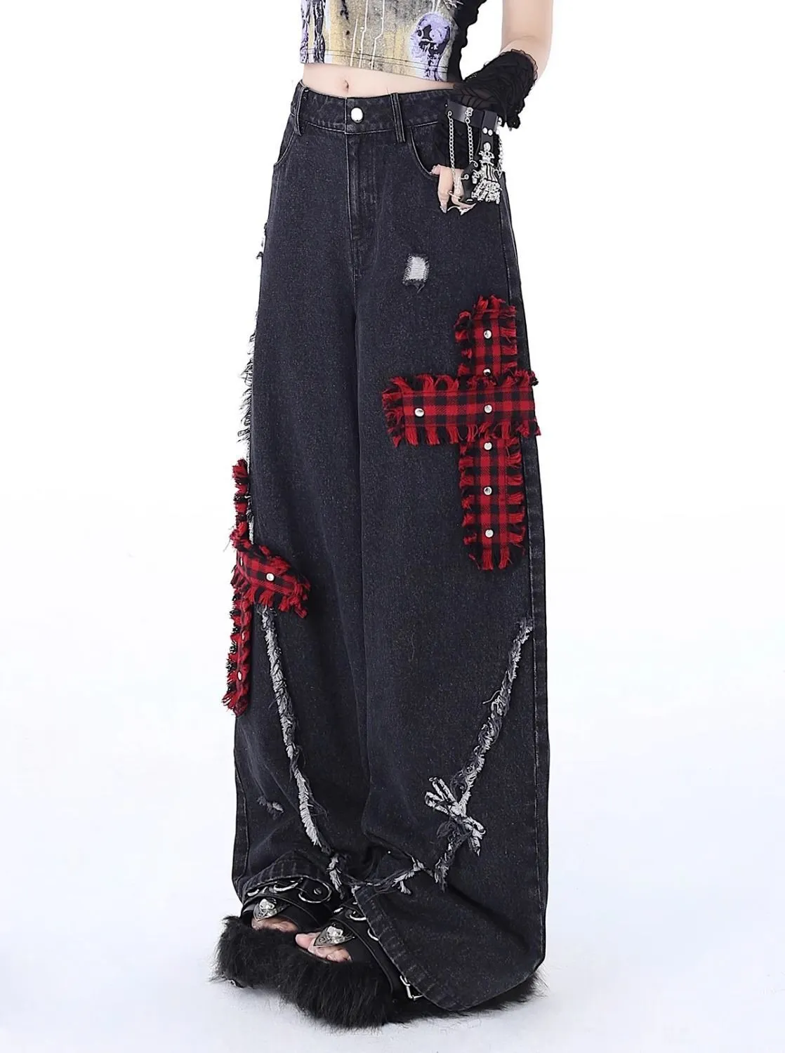 Distressed embroidered straight-leg wide-leg jeans
