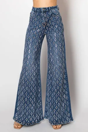 Embellished wide leg medium blue denim jeans