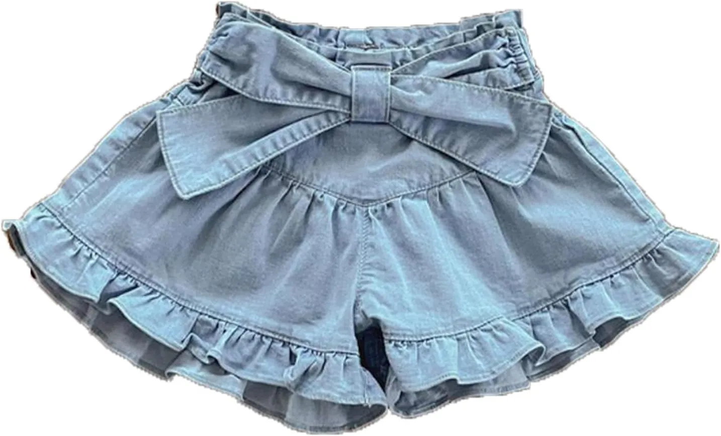Girls Denim Shorts 2 Layers Ruffles Lace Kids Baby Workout Fashion Skirt Shorts Summer Beach Sports Short Pants