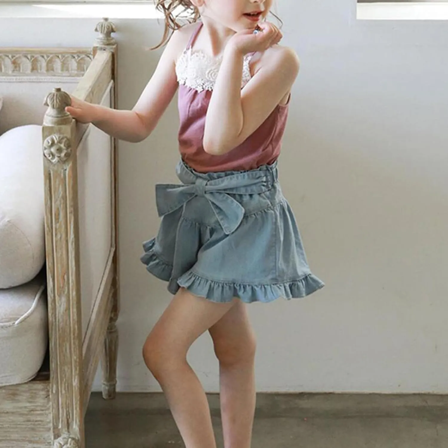 Girls Denim Shorts 2 Layers Ruffles Lace Kids Baby Workout Fashion Skirt Shorts Summer Beach Sports Short Pants