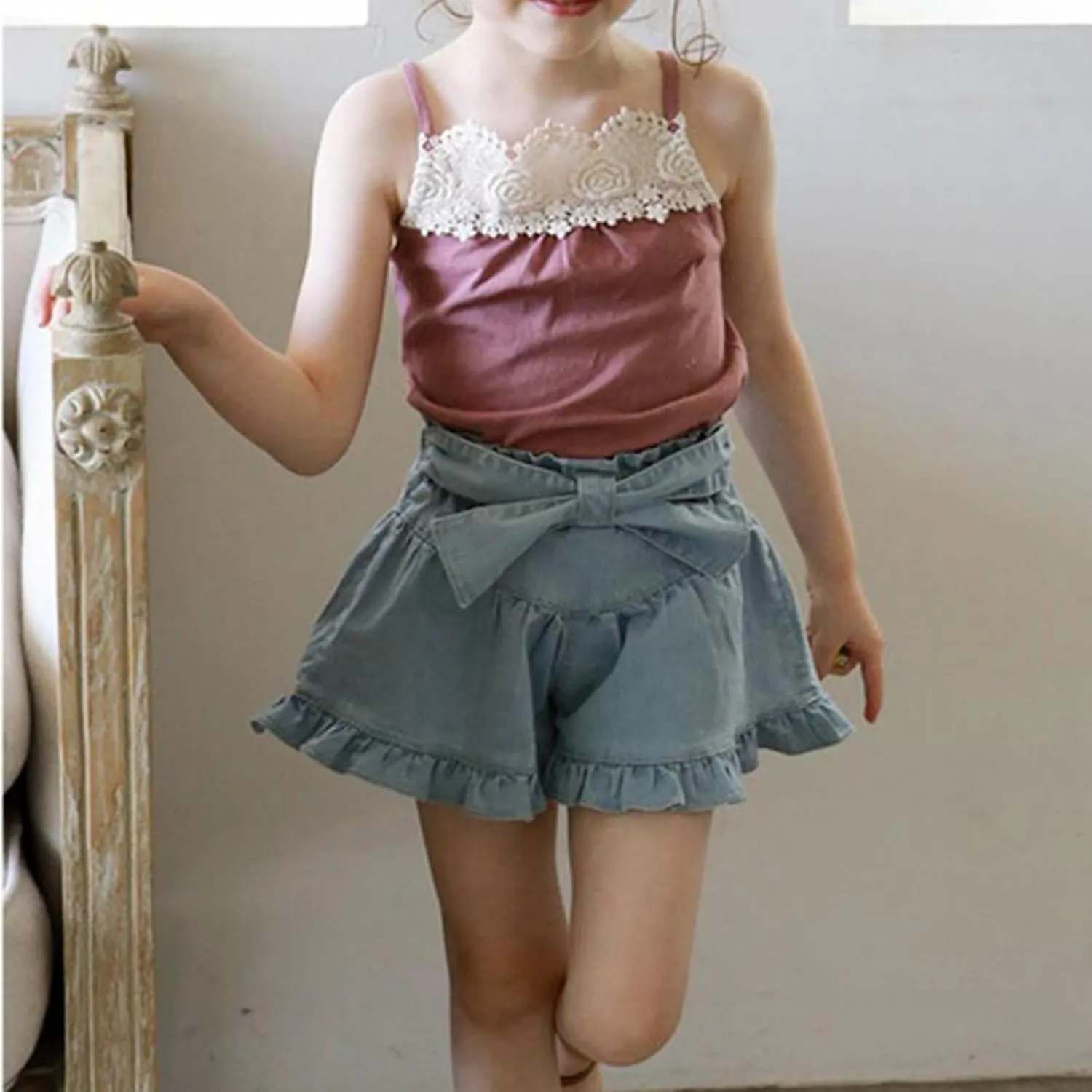 Girls Denim Shorts 2 Layers Ruffles Lace Kids Baby Workout Fashion Skirt Shorts Summer Beach Sports Short Pants