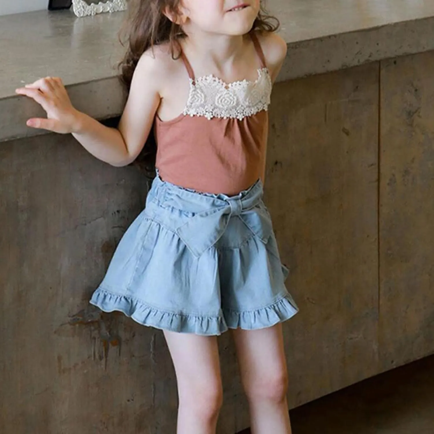Girls Denim Shorts 2 Layers Ruffles Lace Kids Baby Workout Fashion Skirt Shorts Summer Beach Sports Short Pants