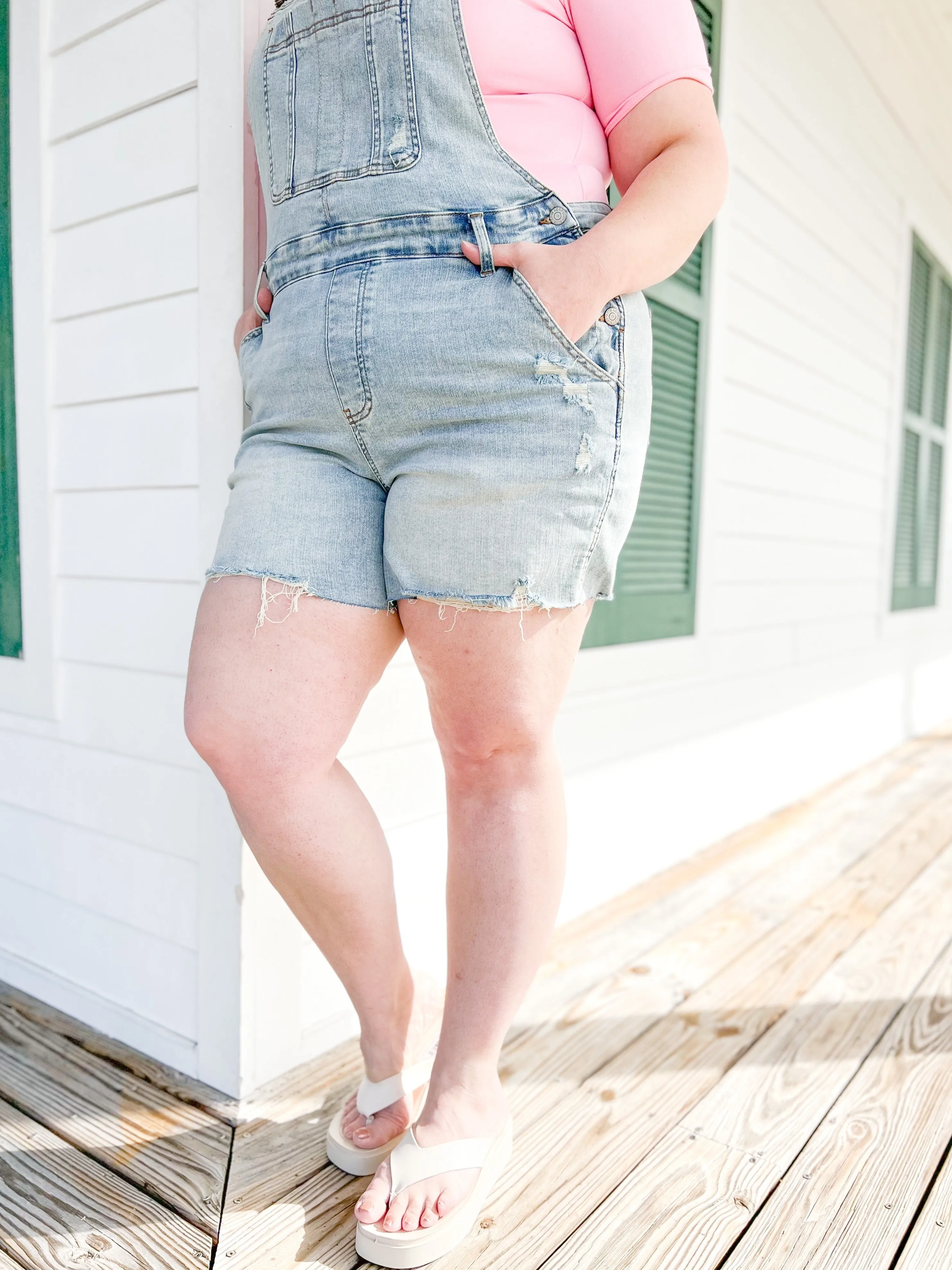 Judy Blue Bethany Blues Light Wash Destroyed Shorts Overalls