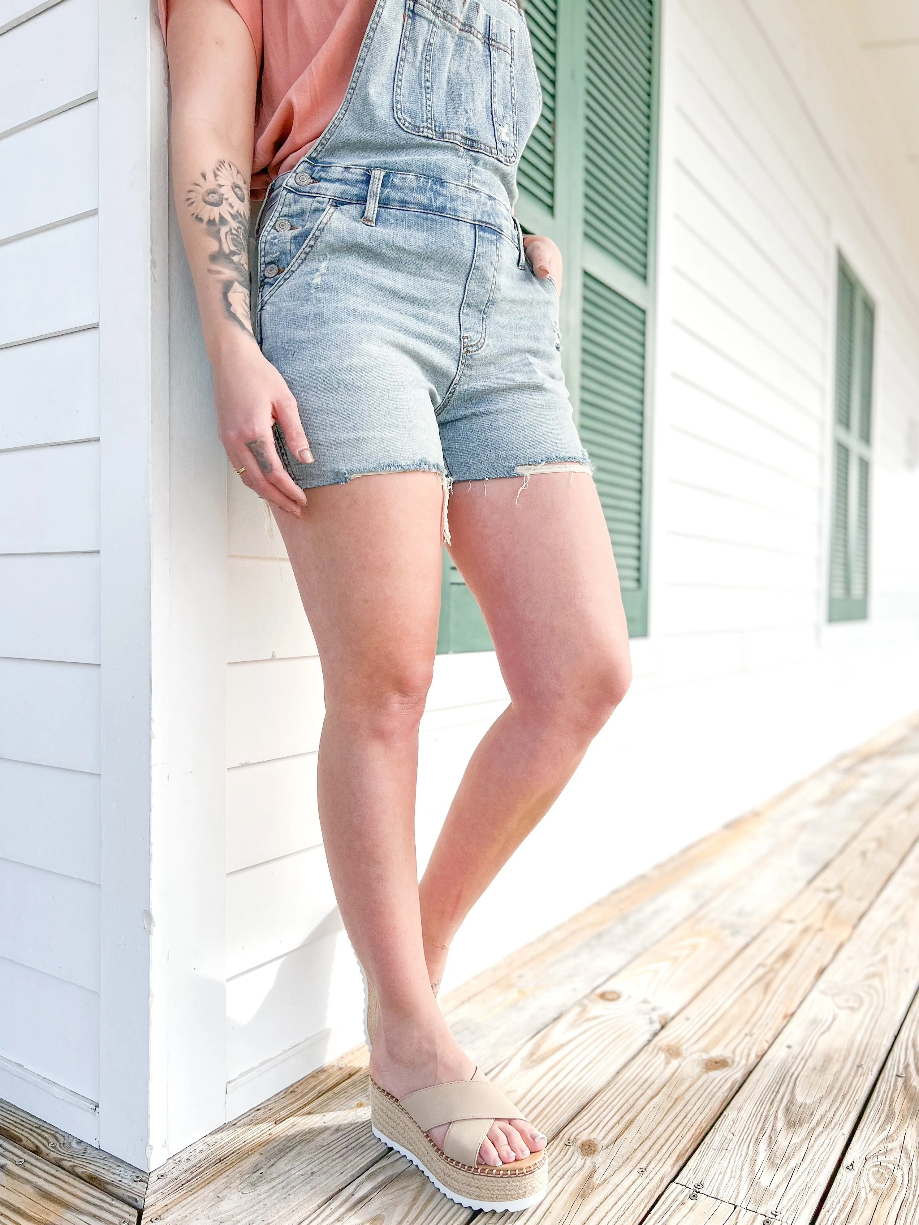 Judy Blue Bethany Blues Light Wash Destroyed Shorts Overalls
