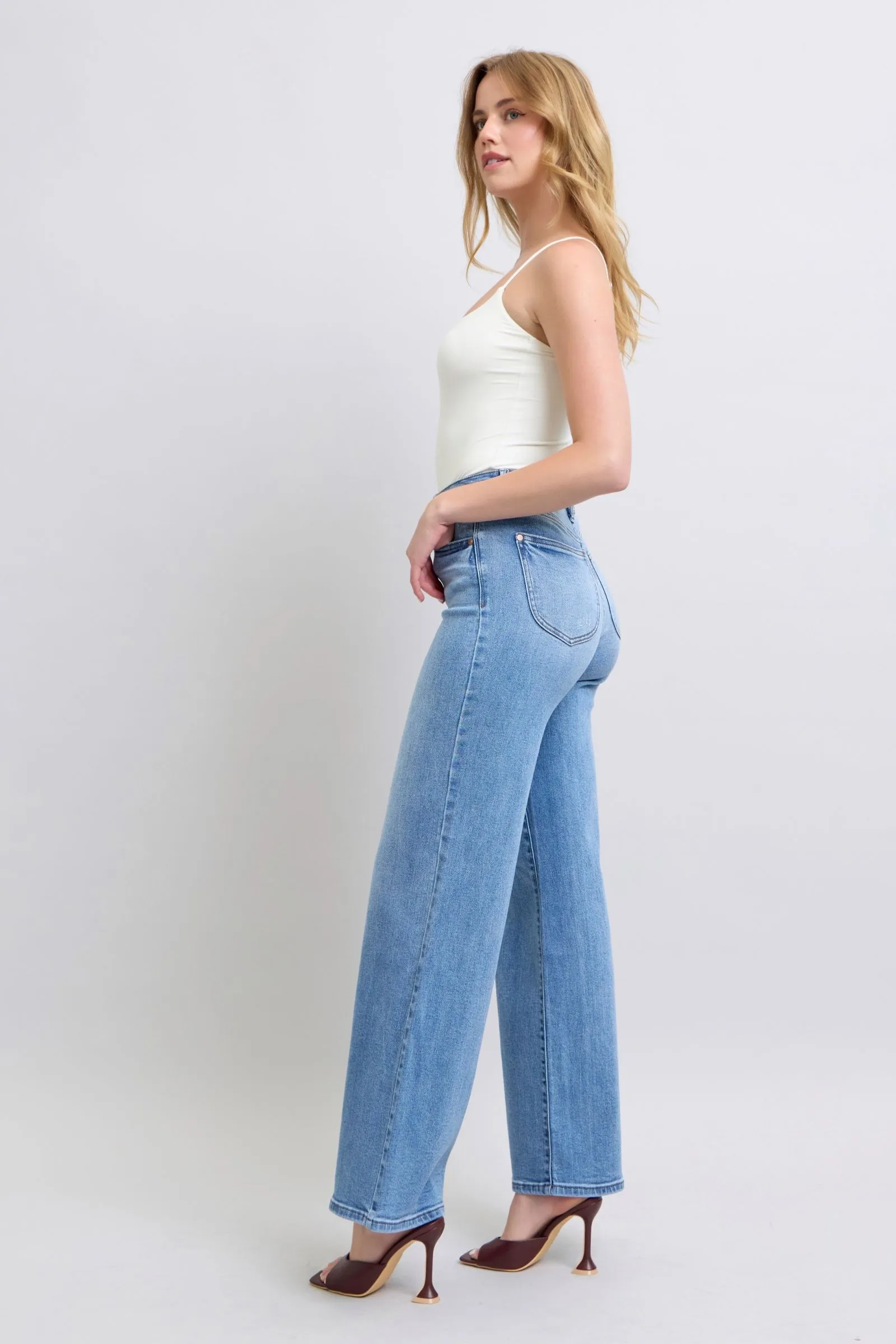 JUDY BLUE HIGH WAIST VINTAGE WASH RETRO WIDE LEG JEANS