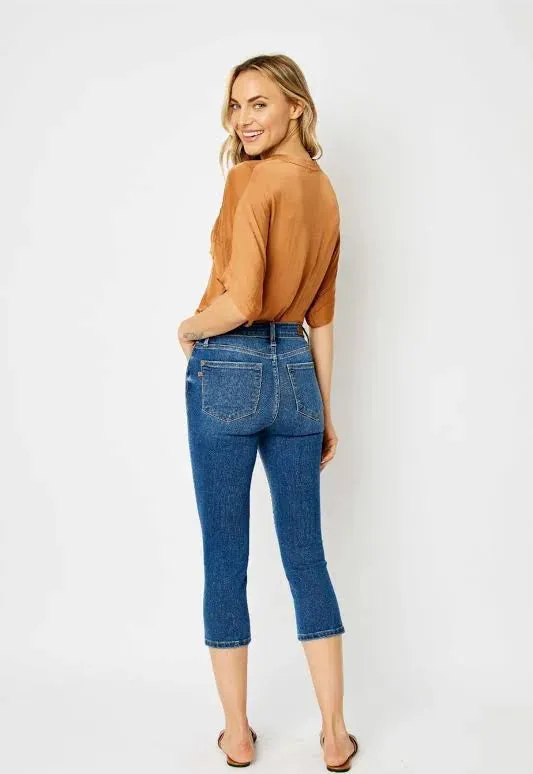 Judy Blue Mid Rise Slit Capri Denim