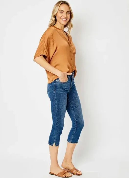 Judy Blue Mid Rise Slit Capri Denim