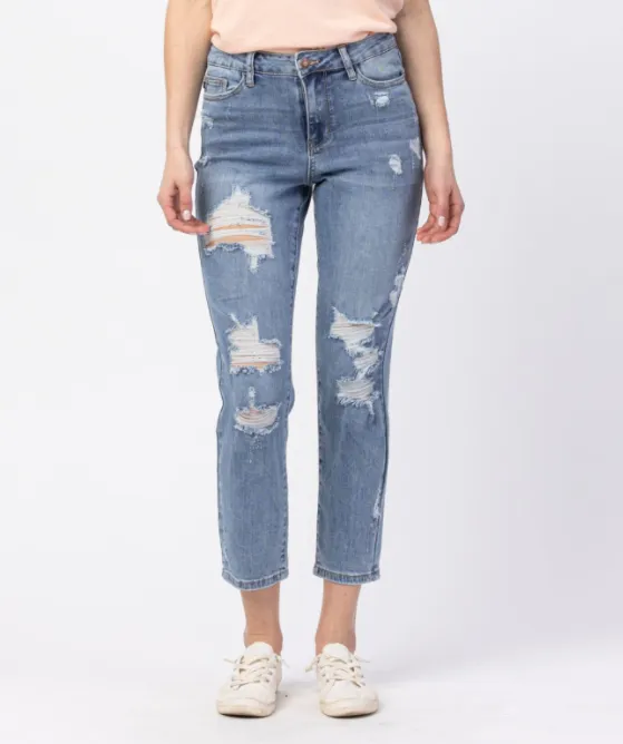 Judy Blue "Heart Breaker" Cropped Boyfriend Jeans