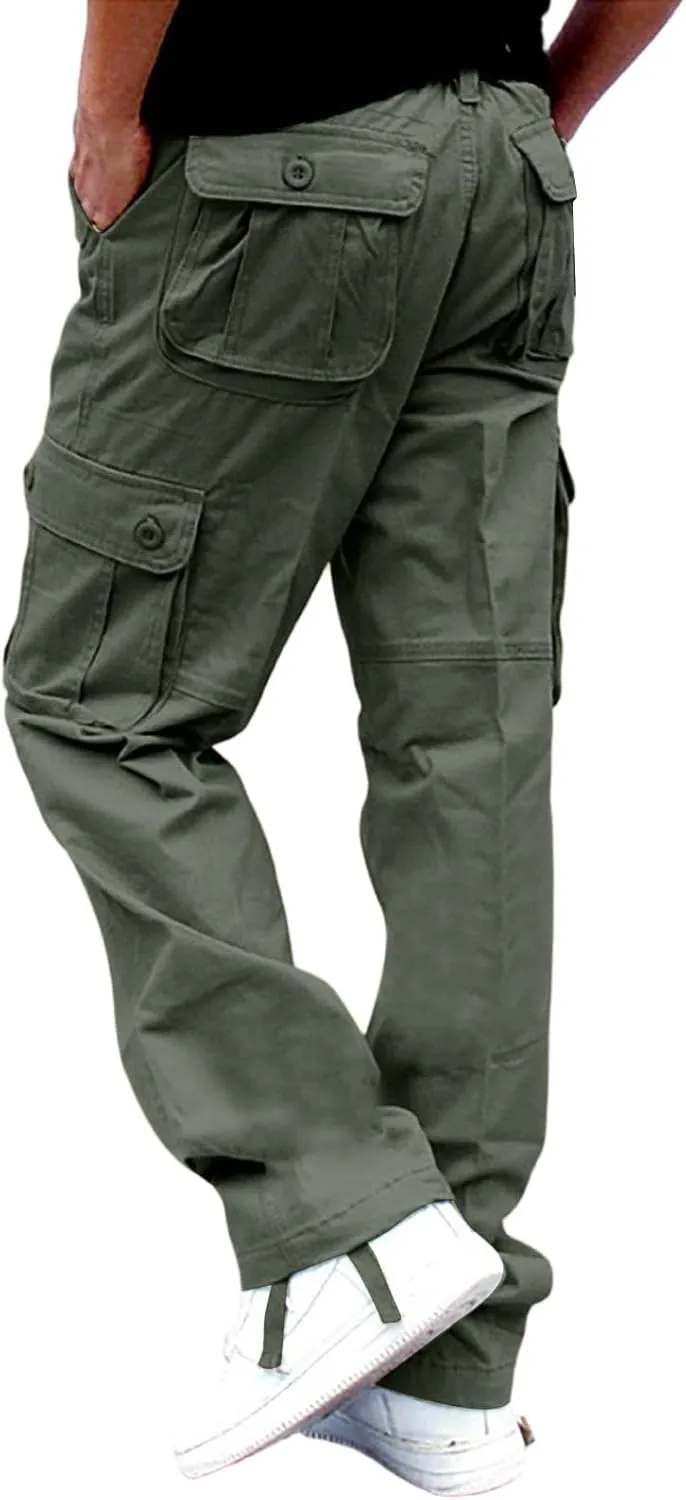 Men's Outdoor Cargo Pants Utility Elastic Waist Pockets Ripstop Relaxed Fit Tactical Pants Stretch Jogging Sweatpants
