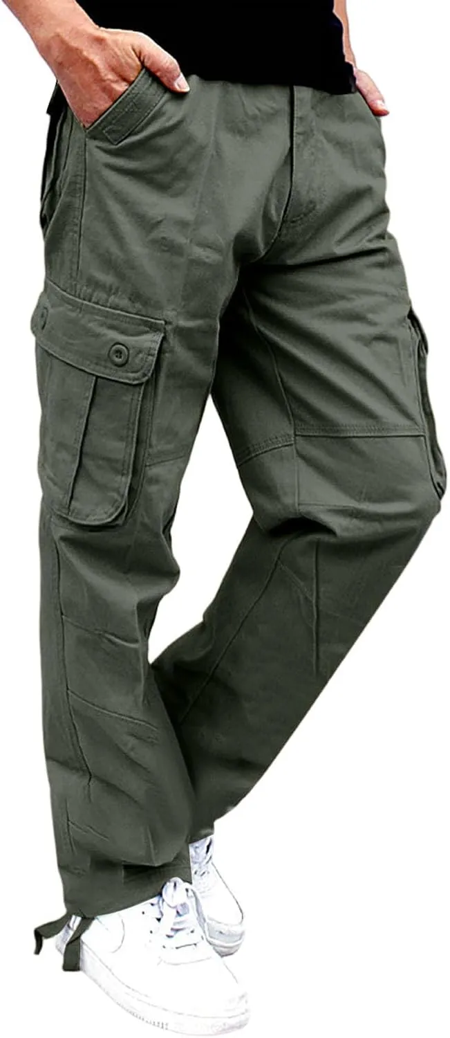 Men's Outdoor Cargo Pants Utility Elastic Waist Pockets Ripstop Relaxed Fit Tactical Pants Stretch Jogging Sweatpants