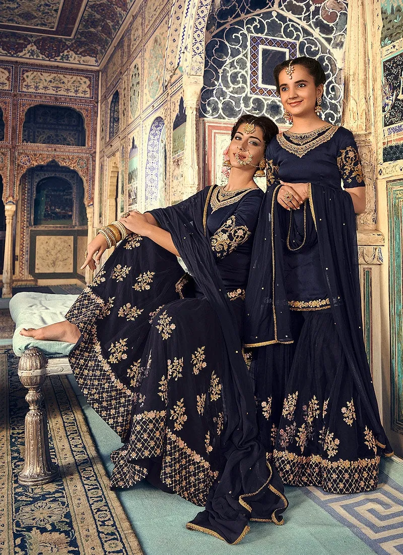 Navy Blue Embellished Gharara Palazzo Suit