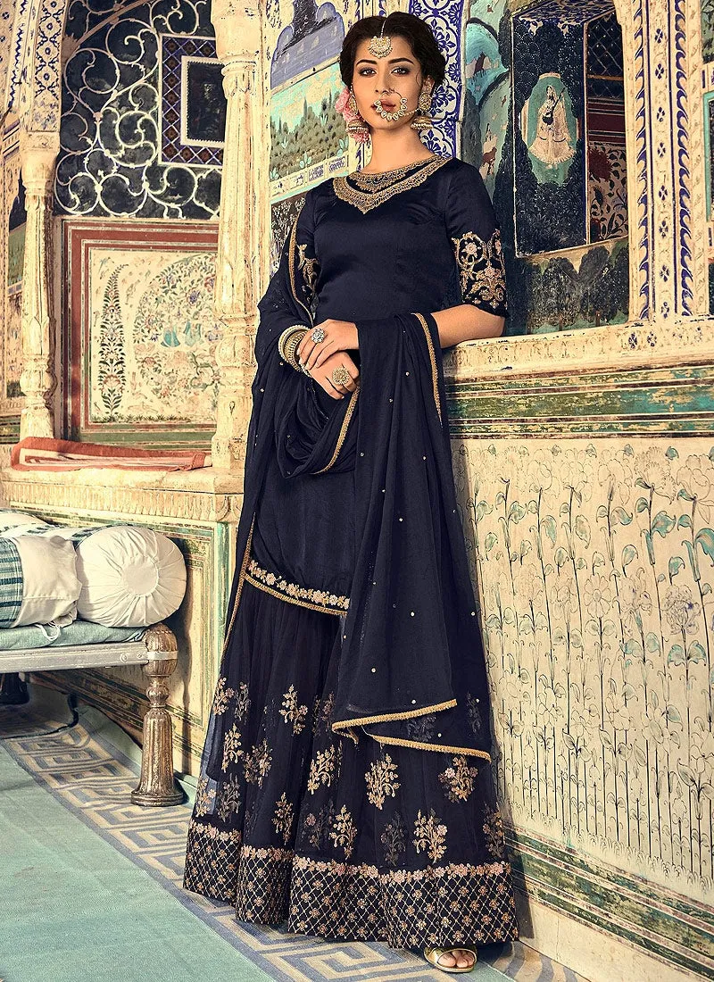 Navy Blue Embellished Gharara Palazzo Suit