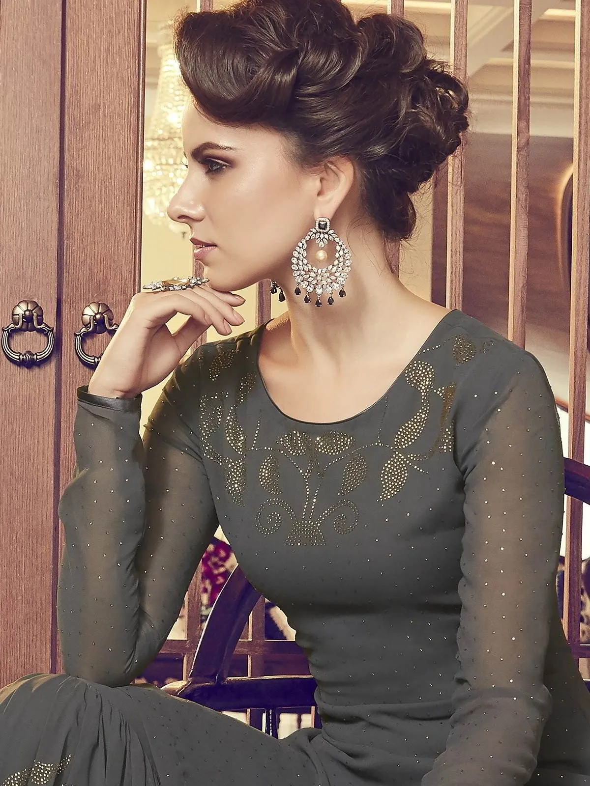 Olive Green Embellished Classic Palazzo Suit