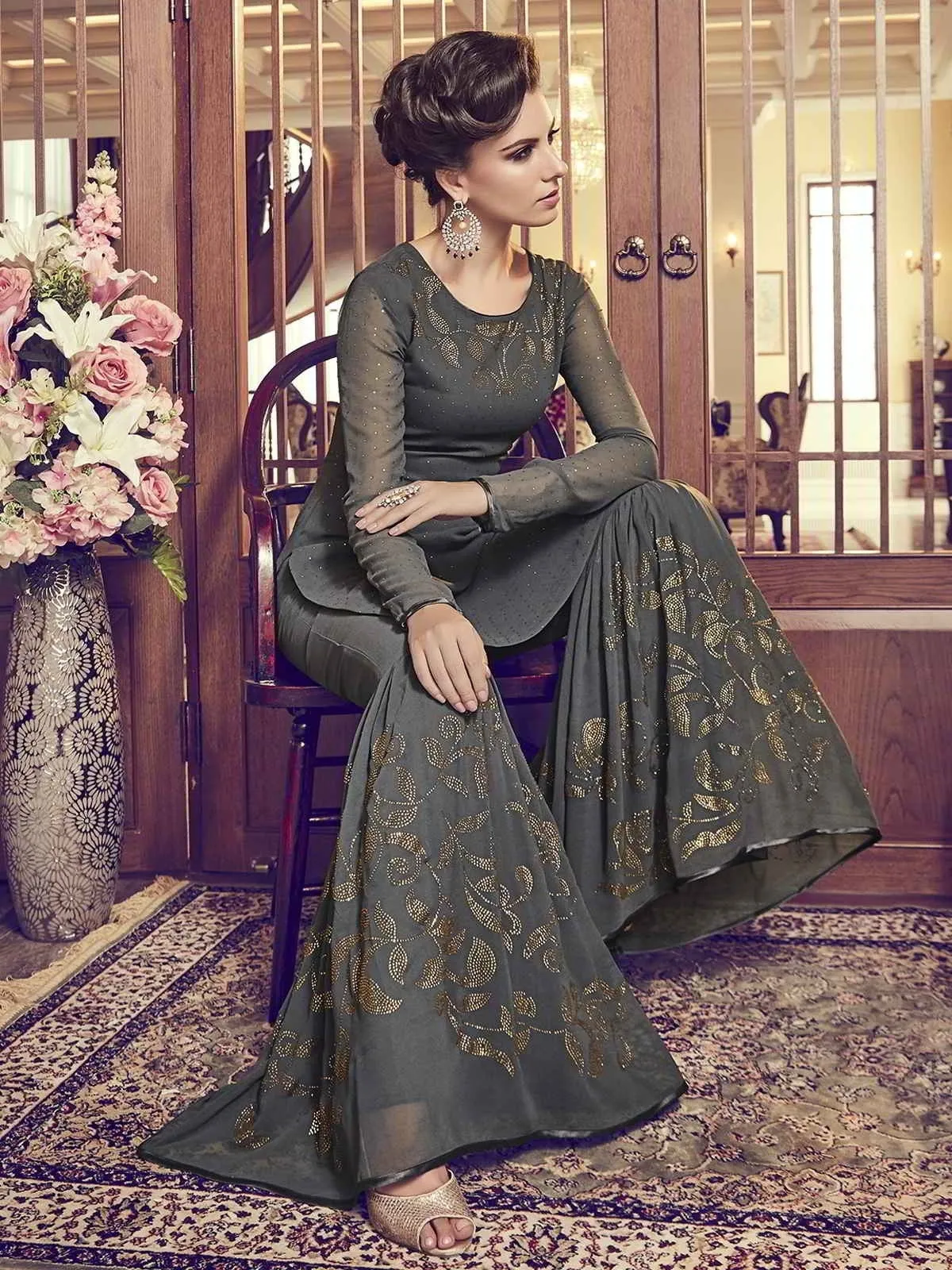 Olive Green Embellished Classic Palazzo Suit