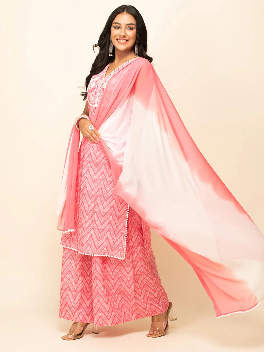 Peach Cotton Printed & Embroidered Suit Set with Chiffon Dupatta