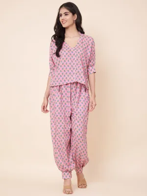 Pink Pinted Harem Top with Jogger Pants