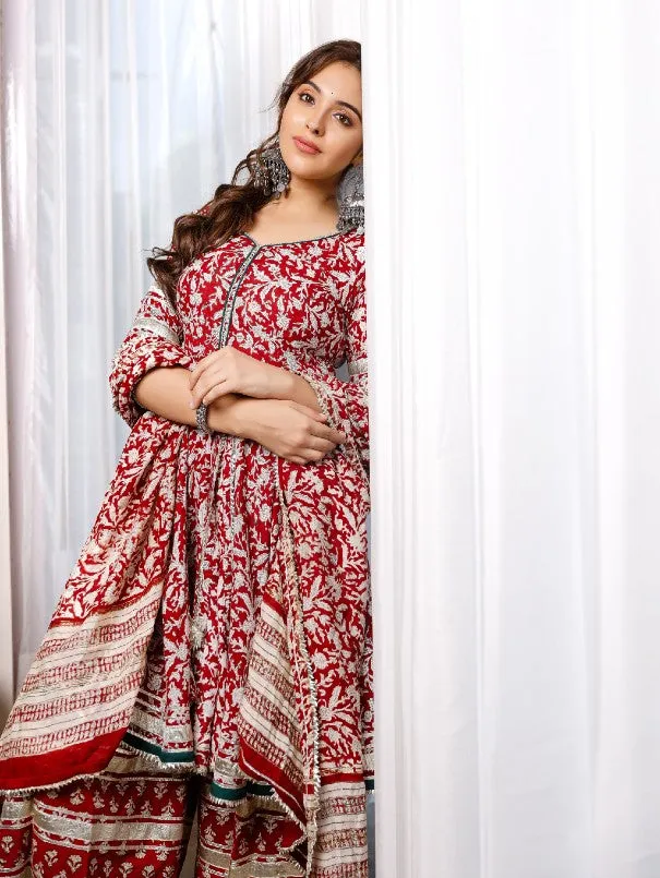 Red Floral Hand Block Printed Cotton Palazzo Peplum Set with Dupatta (Set of 3)