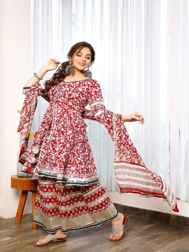 Red Floral Hand Block Printed Cotton Palazzo Peplum Set with Dupatta (Set of 3)