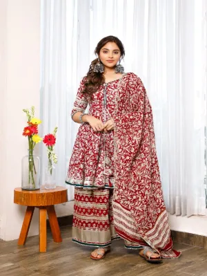 Red Floral Hand Block Printed Cotton Palazzo Peplum Set with Dupatta (Set of 3)