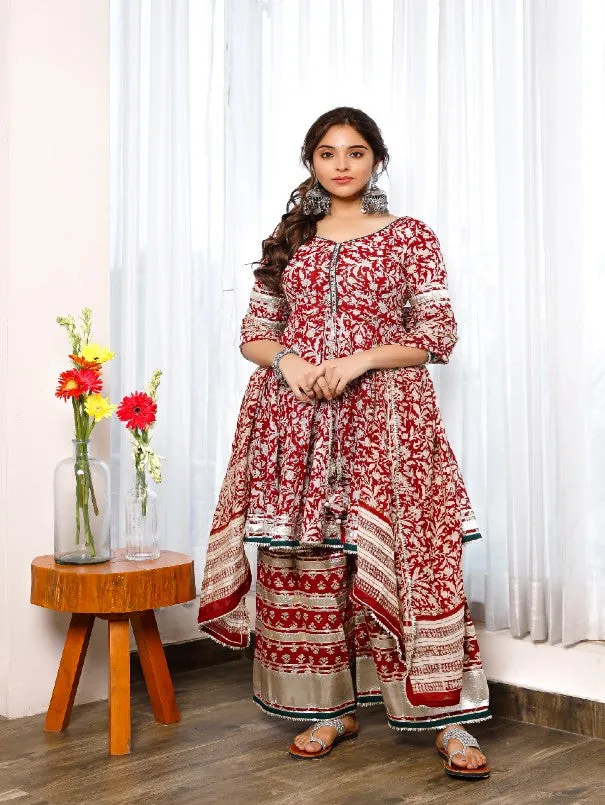 Red Floral Hand Block Printed Cotton Palazzo Peplum Set with Dupatta (Set of 3)