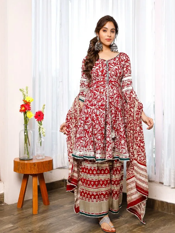 Red Floral Hand Block Printed Cotton Palazzo Peplum Set with Dupatta (Set of 3)