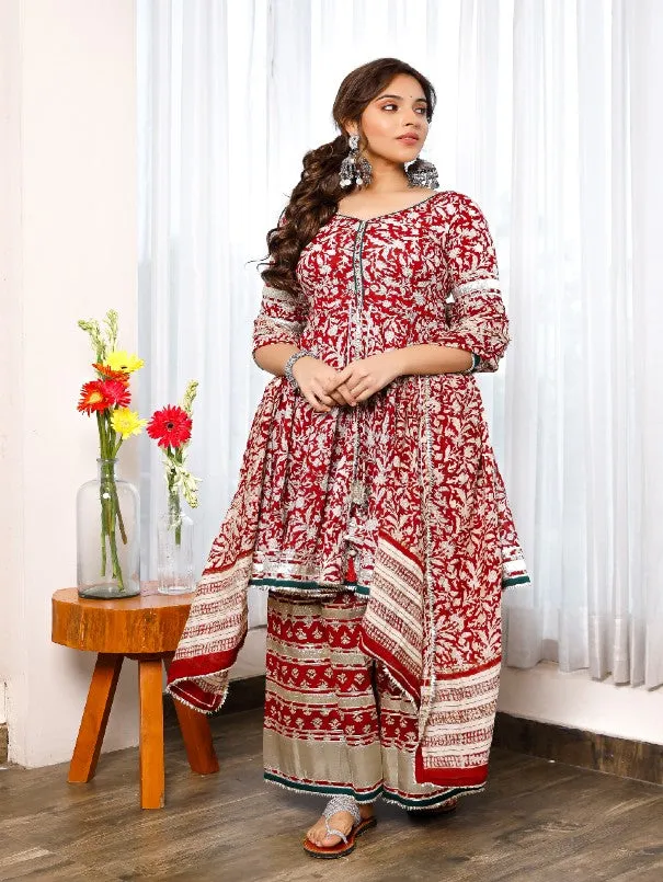 Red Floral Hand Block Printed Cotton Palazzo Peplum Set with Dupatta (Set of 3)