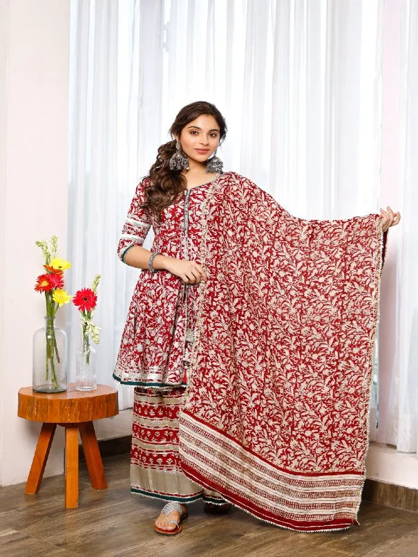 Red Floral Hand Block Printed Cotton Palazzo Peplum Set with Dupatta (Set of 3)
