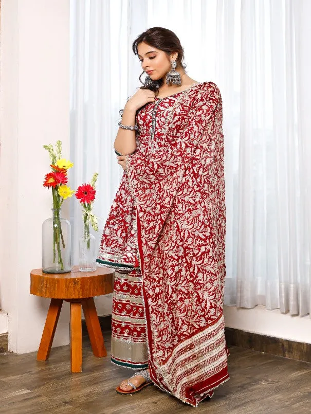 Red Floral Hand Block Printed Cotton Palazzo Peplum Set with Dupatta (Set of 3)