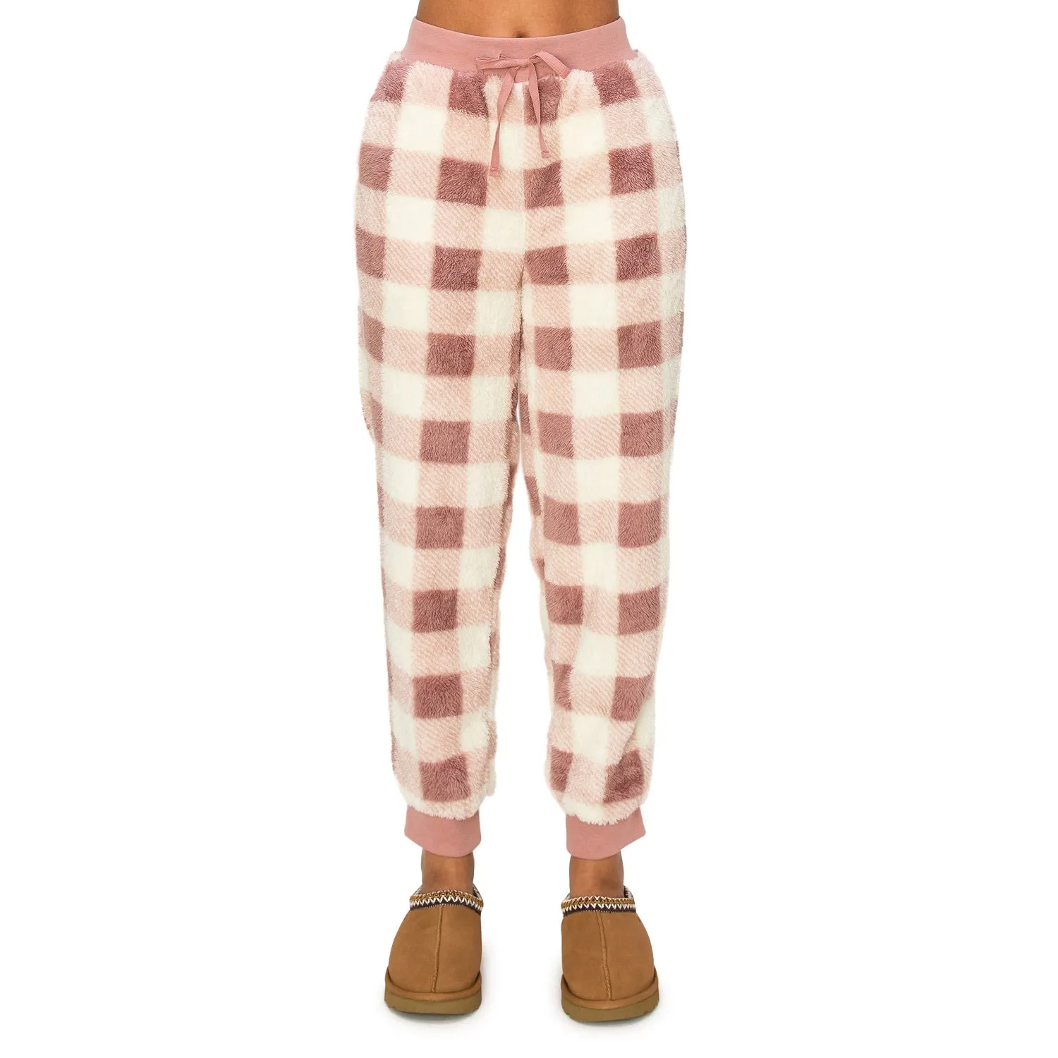 Sherpa Plaid Joggers Sweatpants - Mauve Plaid